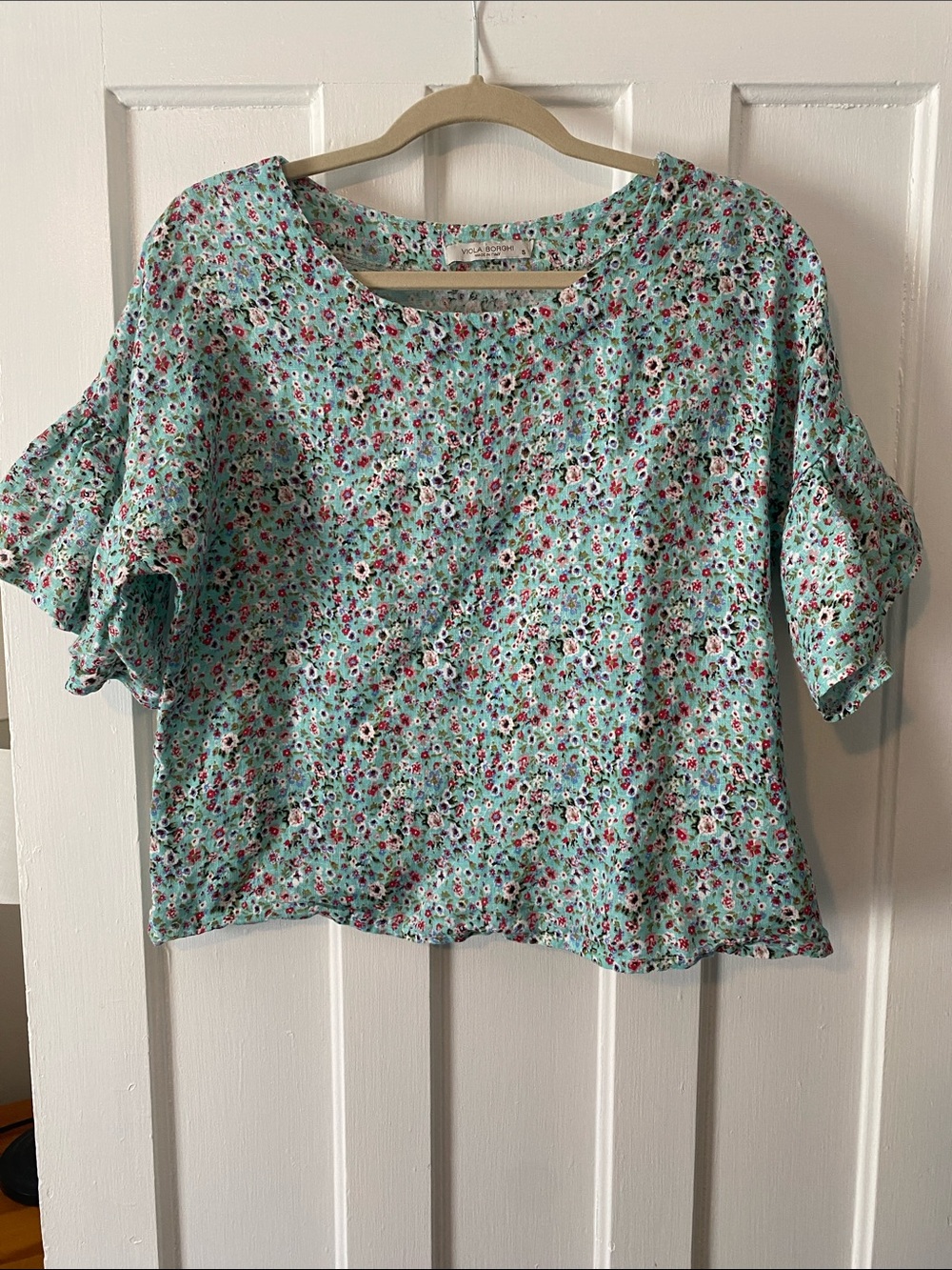 Light Blue Linen Floral Ruffle Sleeve Top